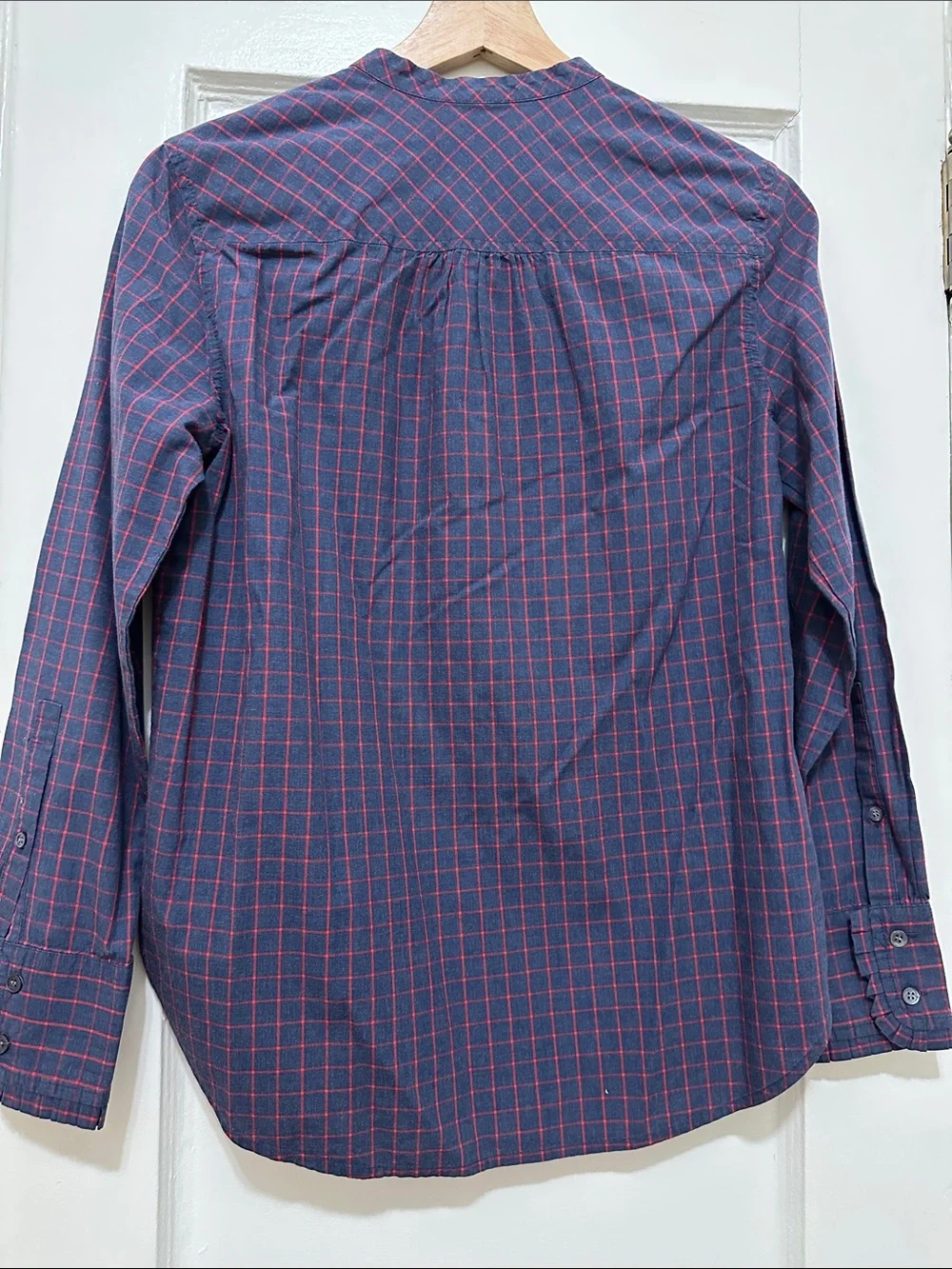 J. Crew Navy and Red Checked Ruffle-Trim Long-Sleeve Shirt